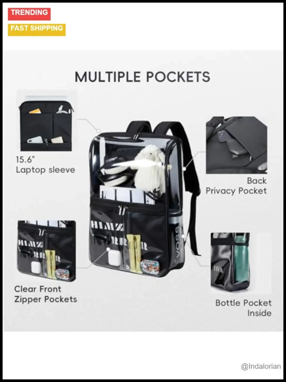Heavy Duty Clear Backpack with Reinforced Straps, Detachable Laptop Sleeve